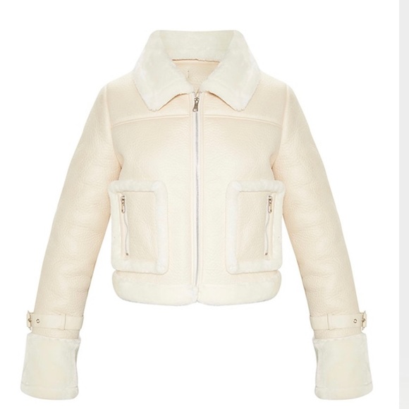 Cream Borg Trim Cropped PU Jacket - Picture 4 of 4